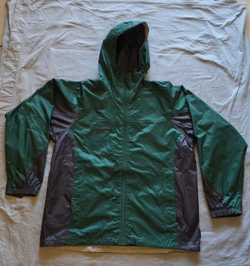 Columbia Mens Large Green Gray Waterproof Hooded Rain Jacket Windbreaker